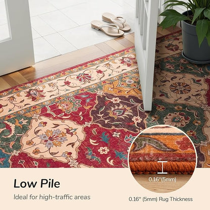 Lessymo Moroccan 8x10 Area Rugs for Living Room, Ultra-Thin Washable Rugs Vintage Non-Slip Non Shedding Accent Carpet for Bedroom Dining Room Office Nursery, Classic Red and Cream