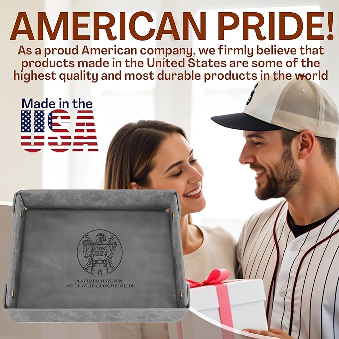 Engraved Baseball Valet Tray –Personalized Leather Catchall with Custom Name –Men’s Nightstand Organizer for Keys, Wallet, Jewelry, and Essentials – Unique Baseball Fan Gift for Home or Office - Grey