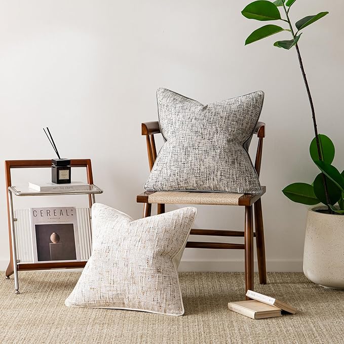 a moment Christmas Beige Reversible Pillow Covers 2 Pack - Farmhouse Chenille Throw Pillows, Neutral Textured Decorative Throw Pillow Covers with Border for Couch Sofa Bed (20x20 Inch, No Insert)