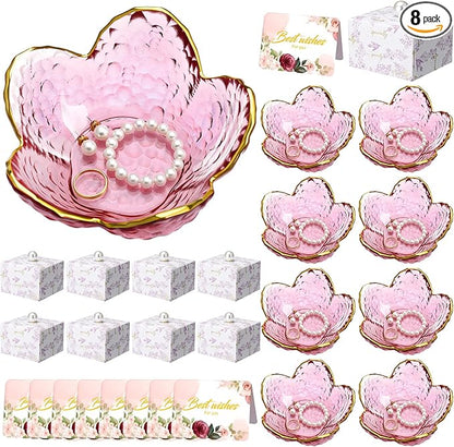 Quelay 8 Set Flower Ring Dish Jewelry Tray with Box and Greeting Card, Small Glass Trinket Tray for Rings Earrings Jewelry Room Decor Gifts for Women Mom Wife Daughter (Purple)