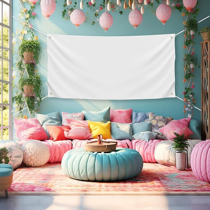Blank DIY Banners Polyester Oxford Cloth White Banner with Hanging Rope for Wall Signs Writing DIY Painting Indoor Outdoor Office Camping Yard Birthday Party Decorations Supplies (6x3ft)