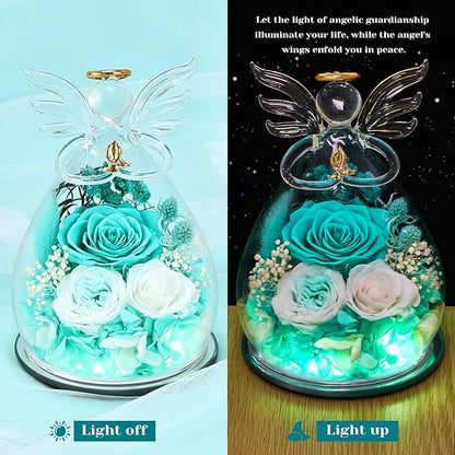 FIACO Gifts for Women Birthday Preserved Rose Forever Flower in Glass Angel Figurines Fresh Flowers for Delivery Prime for Mom Real Roses for Grandma Sister Wife Her from Daughter