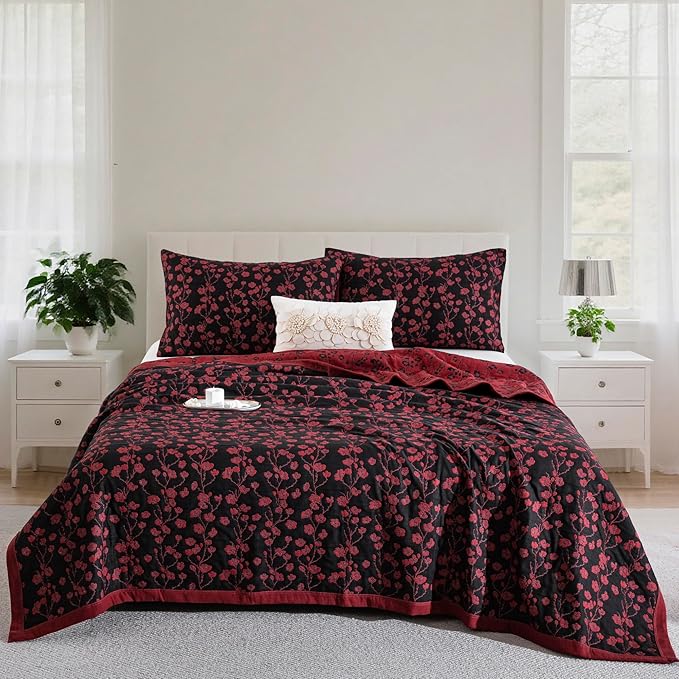 100% Cotton Muslin Jacquard 2 Piece Quilt Set Floral Plum Blossom Print, Soft 3 Layers Gauze Bed Cover Reversible Bedspread Coverlet Breathable Lightweight Bedding Set, Twin