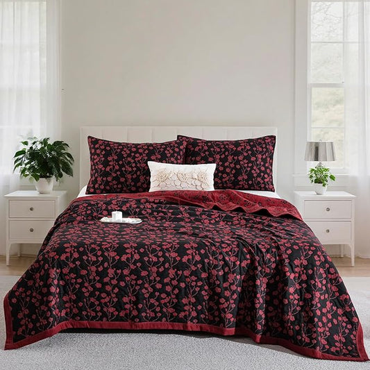100% Cotton Muslin Jacquard 2 Piece Quilt Set Floral Plum Blossom Print, Soft 3 Layers Gauze Bed Cover Reversible Bedspread Coverlet Breathable Lightweight Bedding Set, Twin
