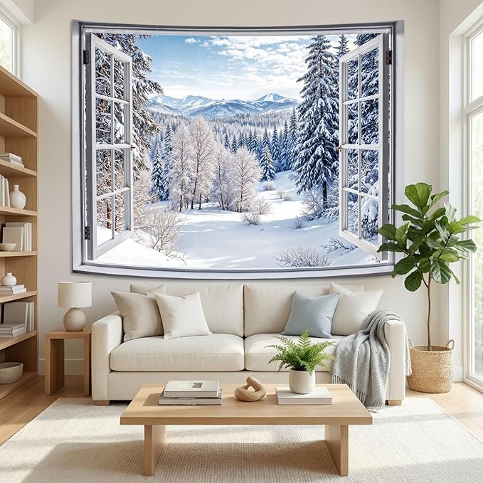Lifeel Winter Snowy Scenic Tapestry, Forest Nature Landscape Window Tapestries, Living Room Dorm Bedroom Wall Decor White, 60x80 inches