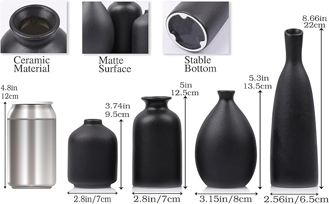 Black Ceramic Vase Set of 4, Matte Black Vases for Home Decor, Ceramic Small Bud Vase for Flowers, Modern Minimalism Decorative Flowers Vases for Centerpieces, Table, Shelf, Office Decor