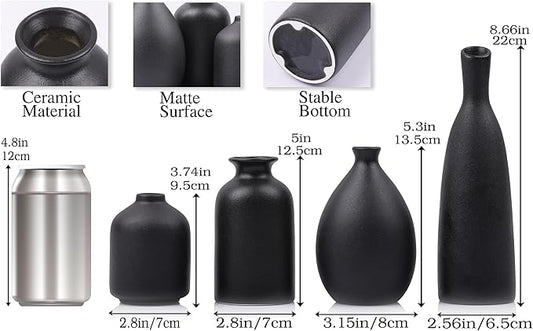 Black Ceramic Vase Set of 4, Matte Black Vases for Home Decor, Ceramic Small Bud Vase for Flowers, Modern Minimalism Decorative Flowers Vases for Centerpieces, Table, Shelf, Office Decor