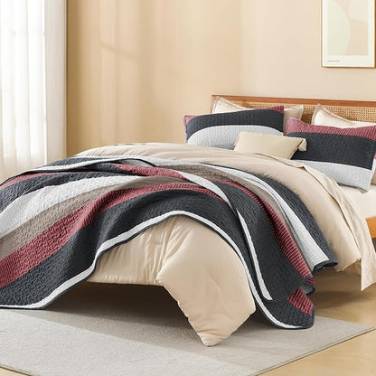 Litanika Quilt Queen Size Black and Red, Stripe Patchwork Summer Bedspread Coverlet 3 Pieces, Soft Lightweight Microfiber Quilted Bedding Set for All Season(1 Quilt, 2 Pillowcases)