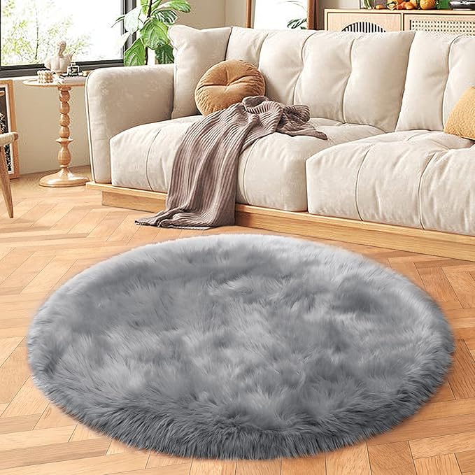 SERISSA Ultra Soft Round Faux Sheepskin Fur Area Rug, Grey Circular Shaggy Rug, Round Fluffy Rugs Plush Circle Floor Carpet for Bedroom Kids Room Floor Decor, 3ft Diameter (Light Grey)