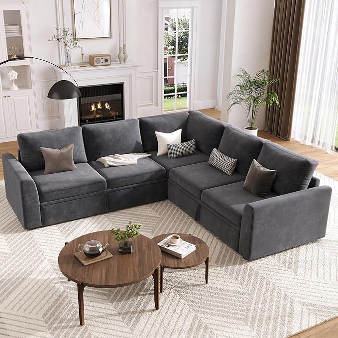 GarveeHome Sectional Sleeper Sofa with Pull Out Bed, Chenille Modular Sectional Sofa U Shaped Couch with Pull Out Couch and Storage Seat & Ottoman, Convertible Couches for Living Room
