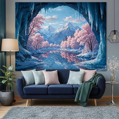 kampdream Fantasy Winter Scenery Tapestry, Ice Cave Landscape with Frozen Lake and Cherry Blossom Forest Wall Hanging, Landscape Nature Home Decor for Bedroom and Living Room Wall Art Decoration