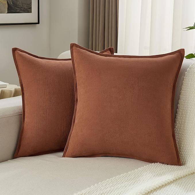 FUTEI Rust Chenille Throw Pillow Covers 16x16 Inch Set of 2,Edges Double-Stitched Cushion Cases,Modern Home Decor for Couch Living Room