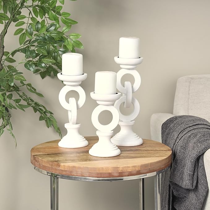 Deco 79 Wooden Decorative Candle Holder Chain Link Candle Stand, Set of 3 Candlestick Holder 13", 11", 9" H, White