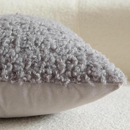 Yaertun Pack of 2 Faux Fur Throw Pillow Covers Decorative Sherpa Boucle Pillow Covers Fuzzy Soft Pillowcases Sheepskin Fleece Cushion Case for Couch Sofa Bed Living Room 24x24 Inch Light Grey