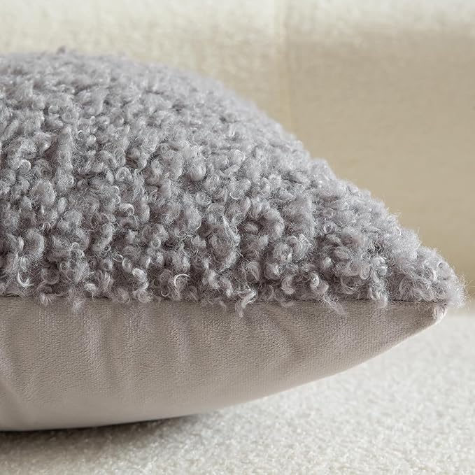 Yaertun Pack of 2 Faux Fur Throw Pillow Covers Decorative Sherpa Boucle Pillow Covers Fuzzy Soft Pillowcases Sheepskin Fleece Cushion Case for Couch Sofa Bed Living Room 20x20 Inch Light Grey