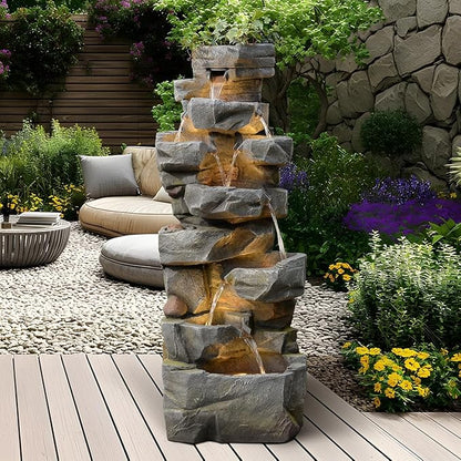 58" H Outdoor Water Fountain with 7 Tiers Large Cascading Realistic Rock Waterfall Fountains with LED Lights Outdoor Water Fountain for Garden Patio Backyard Porch Home Decor