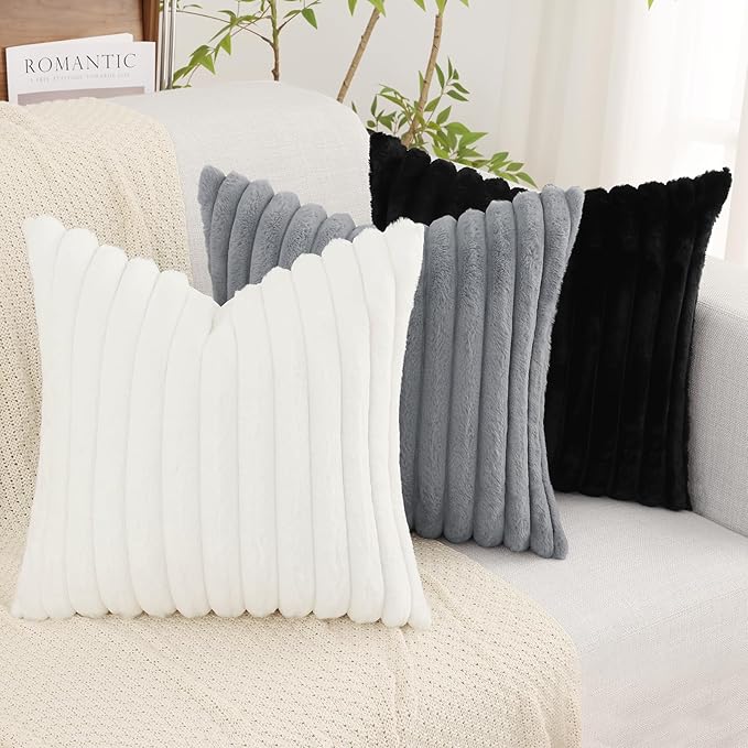 decorUhome Faux Fur Spring Throw Pillow Covers 22x22 Set of 2, Decorative Soft Plush Striped Neutral Couch Euro Sham Pillow Covers with Velvet Back for Sofa, Bed, Living Room Home, Black