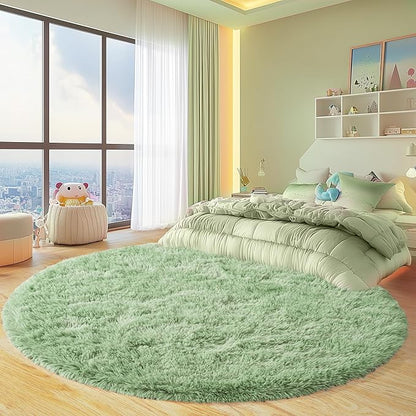 Round Fluffy for Bedroom Rugs, 4Ft Sage Green Shag Circle Rug Non-Slip for Kids Girls Boys Bedroom Dorm Nursery Playroom, Soft Cute Area Rugs for Living Room Decor