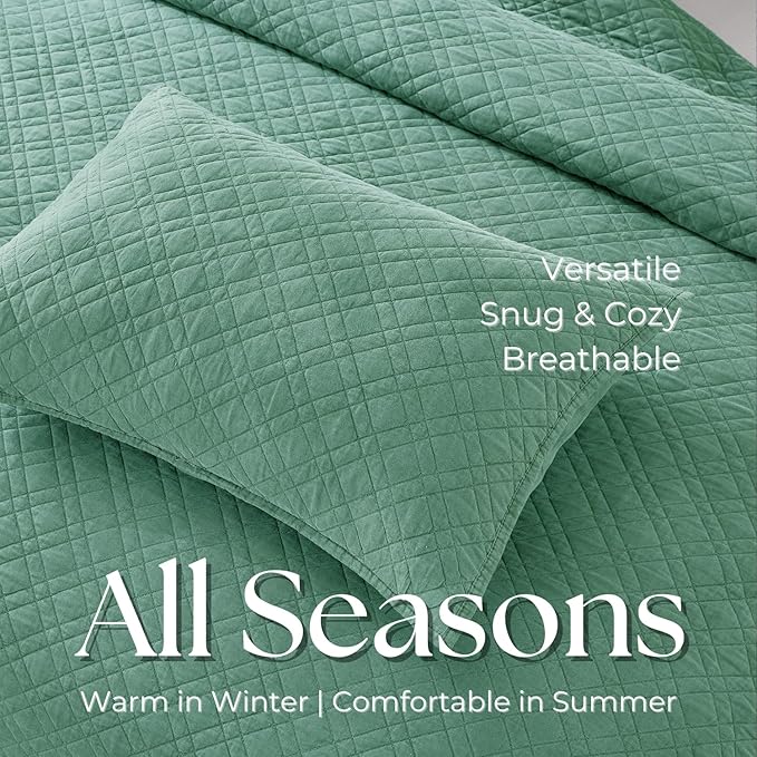 King Quilt Set with Shams Lightweight Quilted Bedspread Coverlet Thin Comforter Bed Cover Vintage Washed Quilted Blanket for All Season, Brushed Microfiber Diamond Stitching, Green, 104"x92"