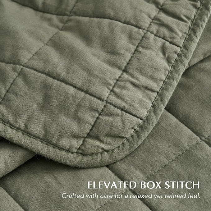 EVERGRACEHOME 100% Cotton Box Stitch Quilt Bedding Set King Size 3 Pieces, Garment-Washed Lightweight Soft Cozy Coverlet, Oversized Quilted Bedspread Sets with 2 Shams for All Season, Olive Green