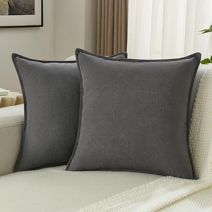 FUTEI Dark Grey Chenille Throw Pillow Covers 20x20 Inch Set of 2,Edges Double-Stitched Cushion Cases,Modern Home Decor for Couch Living Room