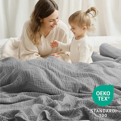 100% Cotton Muslin Blanket Queen 90" x 90", 6 Layers Breathable and Lightweight Cotton Throw Blanket for Bed, Soft Quilt Bedspread Coverlet, Gauze Blanket for Adults All Season, Grey