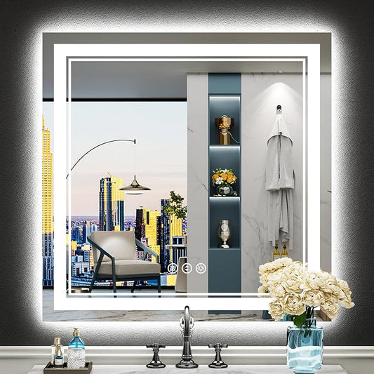 32x32 LED Bathroom Mirror with Lights, Backlit and Front Lit, Anti-Fog Lighted Vanity Mirrors for Bathroom Wall, Dimmable, 3-Color Light, Memory, Shatter-Proof, HD Tempered Glass, CRI＞90