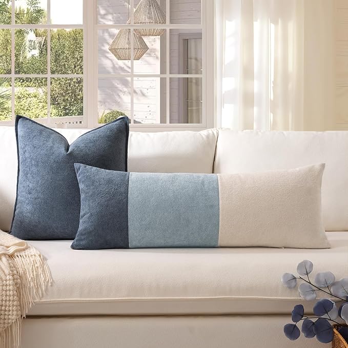 Kevin Textile 14x36 Inch Long Lumbar Cover 1 Pack Three-Colour Patchwork Soft Textured Waterproof Rectangle Cushion Elegant Accent Pillows for Couch Sofa Chair Bed Home Decor Indoor Outdoor Blue