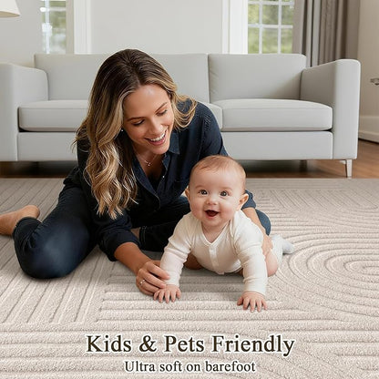 SHACOS Soft Cozy Fluffy Arch Pattern High Low Pile Area Rugs 4'x6' Non Slip Washable Scandinavian Minimalist Rug Modern Geometric Arc Carpet for Living Room Bedroom Dining Room, Beige