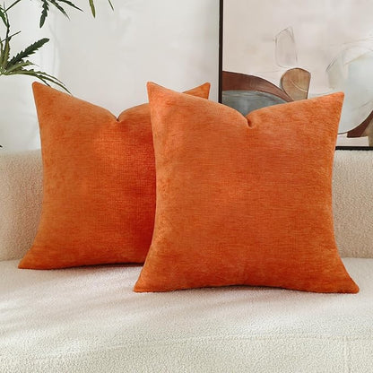 Bright Orange Chenille Decorative Couch Throw Pillow Covers, Soft Cushion Cases for Home Livingroom Sofa Décor, Pack of 2, 14 x 14 Inches
