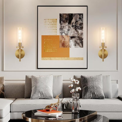 15" Knurled Brass Wall Sconces Set of 2, Gold Bathroom Vanity Light Fixtures with Clear Glass Tube, Modern Lamp Lighting for Bedroom, Living Room, Hallway, Staircase, Mirror, Kitchen