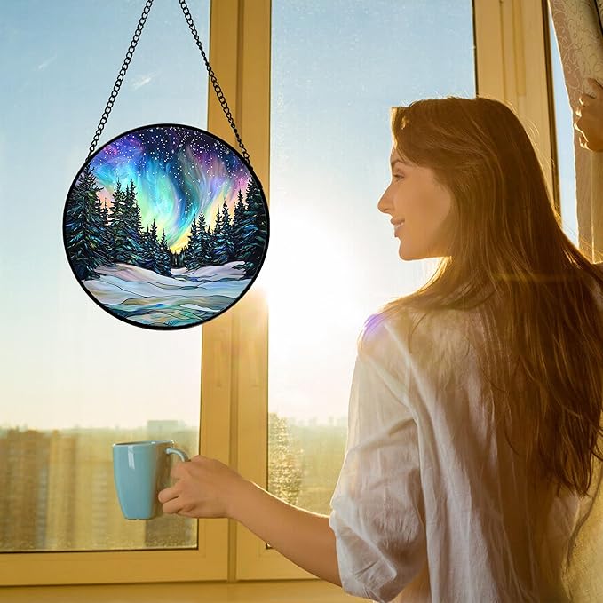 DASTOLL Stained Glass Window Hanging, Aurora Landscape Sun Catchers Glass Panel Green Trees Suncatcher Decor for Birthday for Women, Men, Wife, Aunt, and Mom 9.8 in
