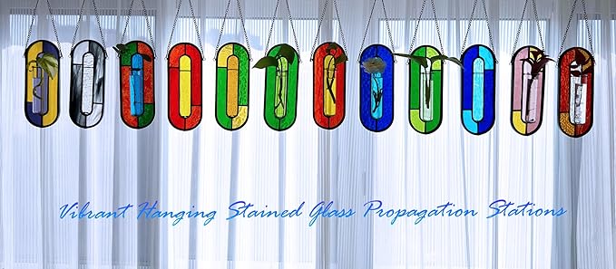 LITMIND Transparent Green Stained Glass Propagation Station - Handcrafted Suncatcher Hanging Planter with 2 Glass Tubes, Multi-Color Hydroponic Wall Décor for Windows, Home & Garden