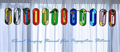 LITMIND Transparent Blue Stained Glass Propagation Station - Handcrafted Suncatcher Hanging Planter with 2 Glass Tubes, Multi-Color Hydroponic Wall Décor for Windows, Home & Garden