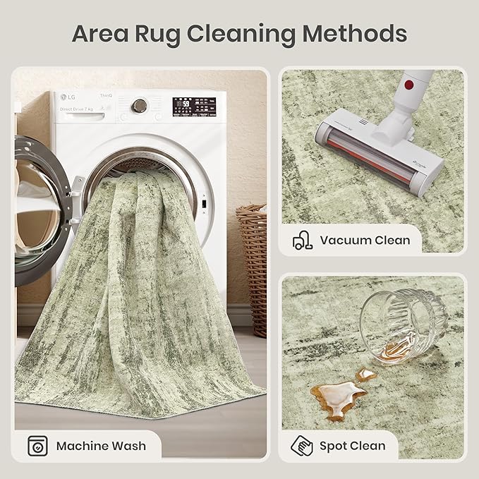 Valenrug Washable Rug 9x12 - Stain Resistant 9x12 Area Rugs for Living Room, Non Slip Backing Printed Rugs for Bedroom, Folable Machine Washable Area Rug(Green,9'x12')