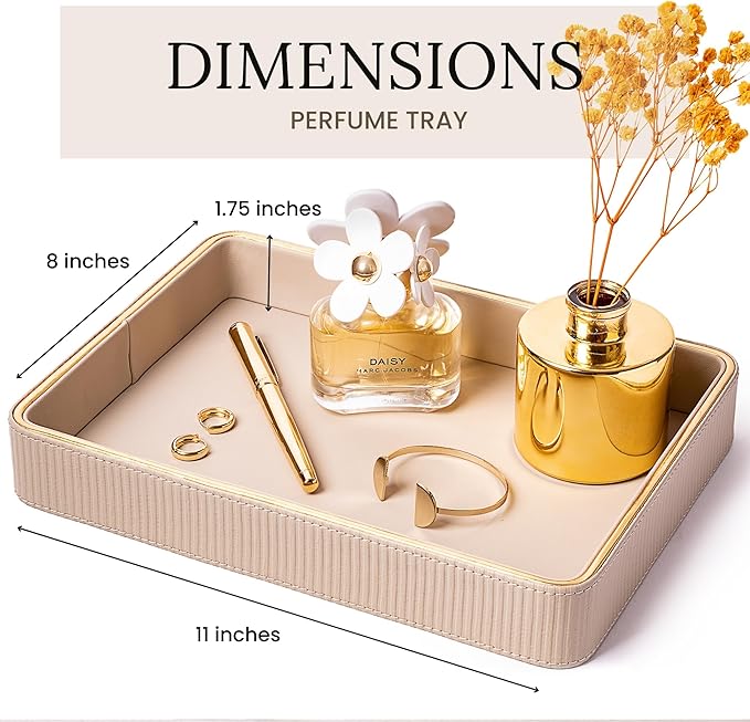 Perfume Tray Valet Tray Night Stand Organizer| Perfume Organizer Catchall Perfume Trays for Dresser Vanity Tray for Dresser| Perfume Holder (Beige 8"x11"x1.75")