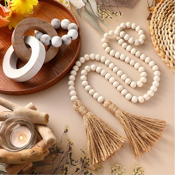 2 Pieces Decorative Wood Knot Link Chain Decor and Bead Garland Set Farmhouse Aesthetic Natural Wooden Knot Chain Link Wood Bead for Boho Country Home Table Decor(Retro Colors)