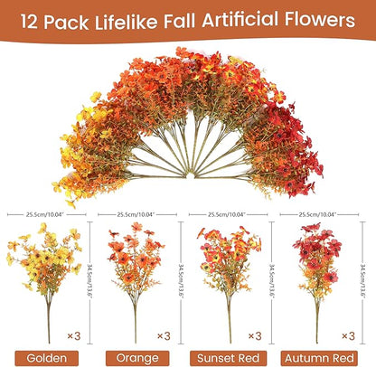 Artificial Fall Flowers for Decoration Fake Flowers Outdoor Artificial Plants, 12 Bundles Faux Mums Autumn Plastic Flower UV Resistant for Porch Patio Home Yard Garden Window Box Pot Planters