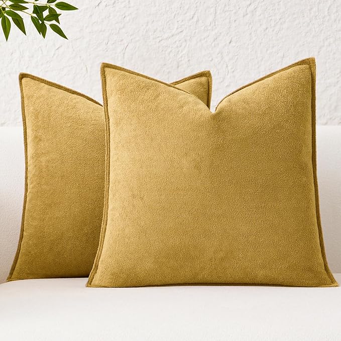 Kevin Textile Waterproof Decorative Pillow Covers Mustard Yellow 22x22 Inch Pack of 2 Soft Boucle Textured Euro Pillowcases Elegant Accent Pillows for Couch Sofa Chair Bed Home Decor Indoor Outdoor