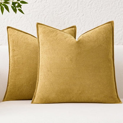 Kevin Textile Waterproof Decorative Pillow Covers Mustard Yellow 16x16 Inch Pack of 2 Soft Boucle Textured Throw Pillowcases Elegant Accent Pillows for Couch Sofa Chair Bed Home Decor Indoor Outdoor