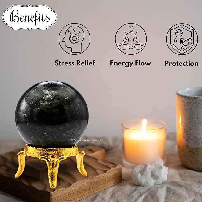 Amazing Gemstone Nuummite Crystal Ball with Stand - 1.5" Inches Crystal Sphere Meditation Balls for Witchcraft and Decorative Balls