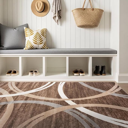 Rugshop Modern Wavy Circles Design Area Rug, Carpet with Jute Backing for Bedroom, Office, or Entryway, Brown, 4' x 6'