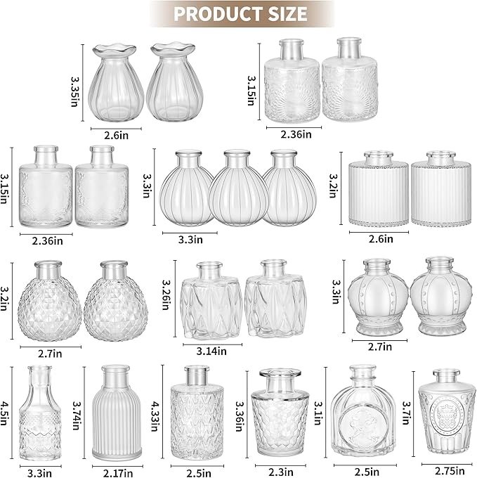 Glass Bud Vases in Bulk Set of 23, Transparent Clear Small Mini Glass Vases for Centerpieces, Vintage Vase for Flowers,Wedding, Table Decor, Baby Shower, Christmas, Home and Events
