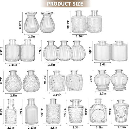 Glass Bud Vases in Bulk Set of 23, Transparent Clear Small Mini Glass Vases for Centerpieces, Vintage Vase for Flowers,Wedding, Table Decor, Baby Shower, Christmas, Home and Events