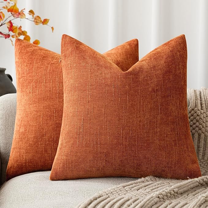 Foindtower Pack of 2 Soft Textured Chenille Throw Decorative Pillow Covers Square Accent Solid Cushion Cover Cozy Neutral Farmhouse Pillow Case for Couch Sofa Bedroom Living Room 20x20 Inch,Orange