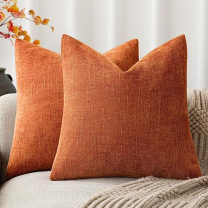 Foindtower Pack of 2 Soft Textured Chenille Throw Decorative Pillow Covers Square Accent Solid Cushion Cover Cozy Neutral Farmhouse Pillow Case for Couch Sofa Bedroom Living Room 26x26 Inch,Orange