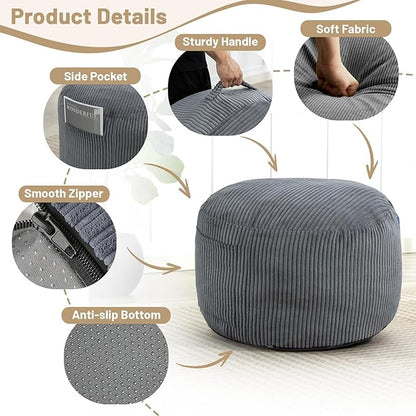 Round Stuffed Pouf Ottoman,Corduroy Foot Rest with Rebound Foam Filled, Furry and Fluffy Foot Stool Ottoman, Floor Poufs for Living Room (Gray, 26" D x 26" W x 18" H)
