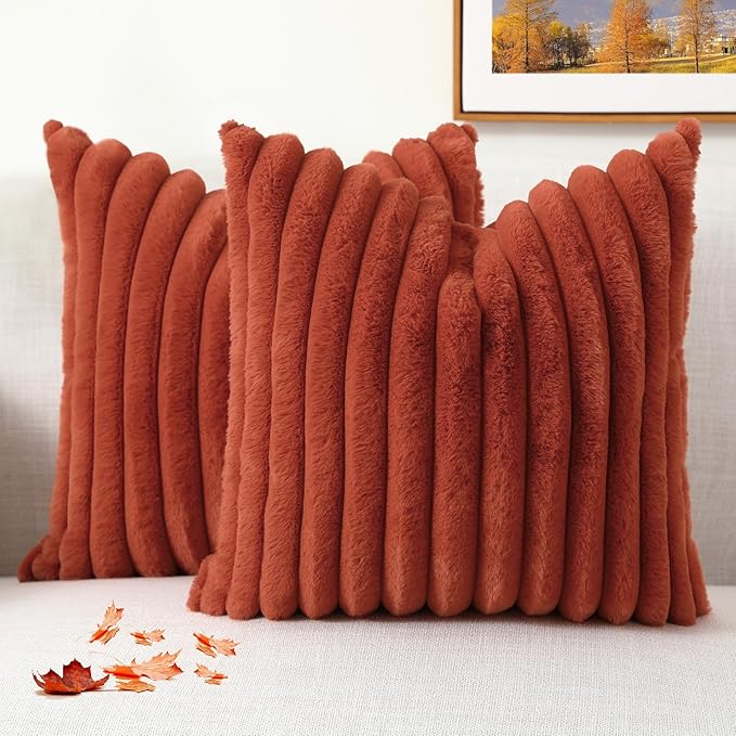decorUhome Faux Fur Spring Throw Pillow Covers 22x22 Set of 2, Decorative Soft Plush Striped Neutral Couch Euro Sham Pillow Covers with Velvet Back for Sofa, Bed, Living Room Home, Rust