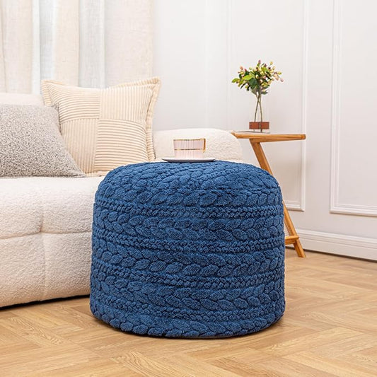 Unstuffed Ottoman Pouf Cover – Round Faux Fur Footstool Plush Floor Pouf (No Filler Included) Perfect for Living Room, Bedroom, or Office Lounge (Navy Blue, 20x20x15 in)