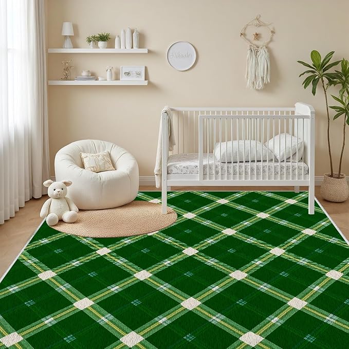 Plaid Rug - 7x10 Rug for Living Room, Geometric Stripes Soft Neutral Indoor Floor Carpet, Non-Slip Stain Resistant Modern Washable Rugs for Bedroom, Green Area Rugs